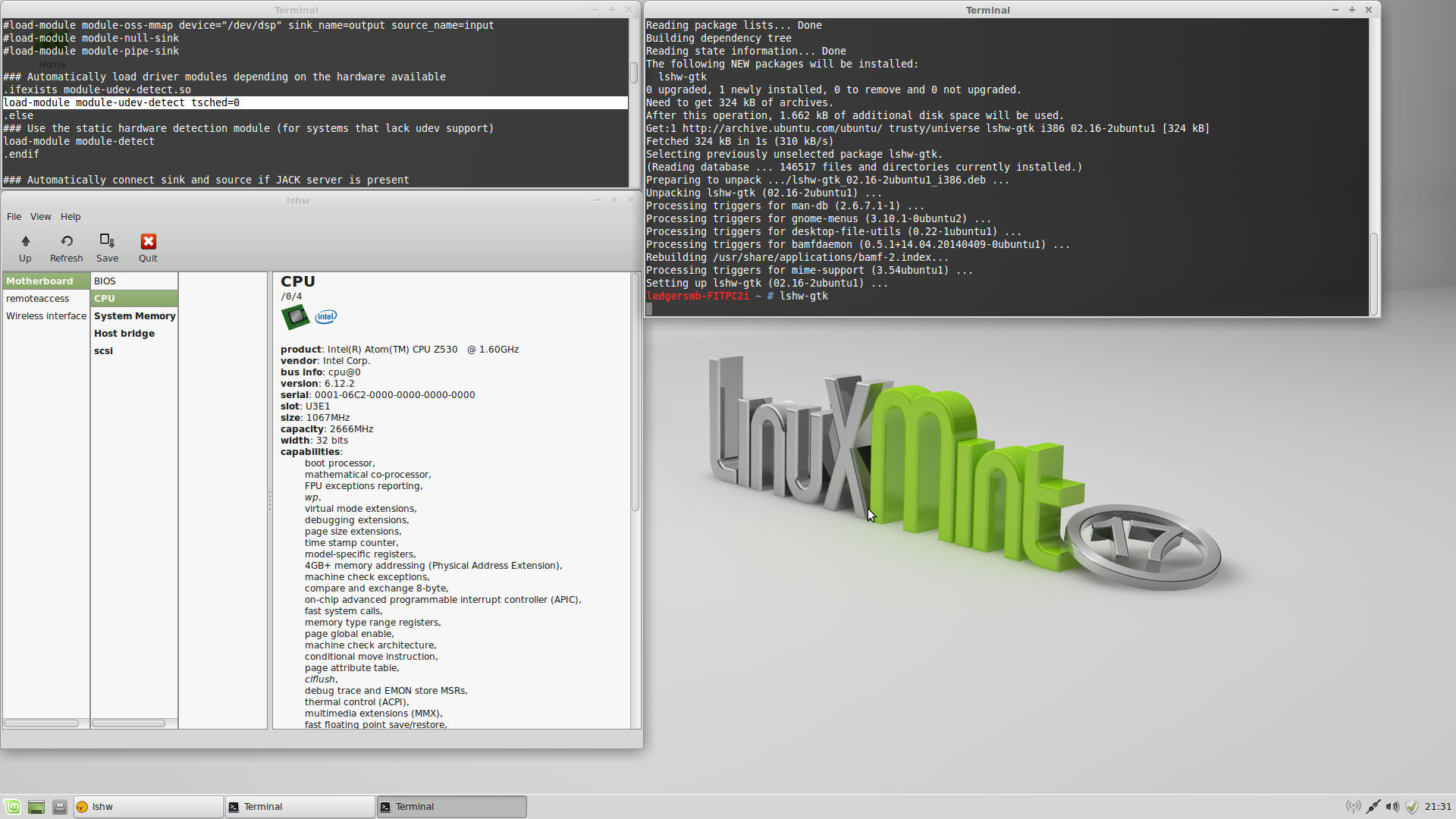 Look &amp; feel of Linuxmint 17 Xfce on Fit-PC2i . You can see an inverted line in the top-left console, that is the solution for choppy audio playback.