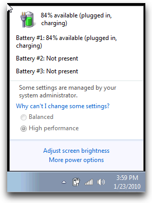 Screenshot of my Windows 7 Pro reporting a battery is charging.
